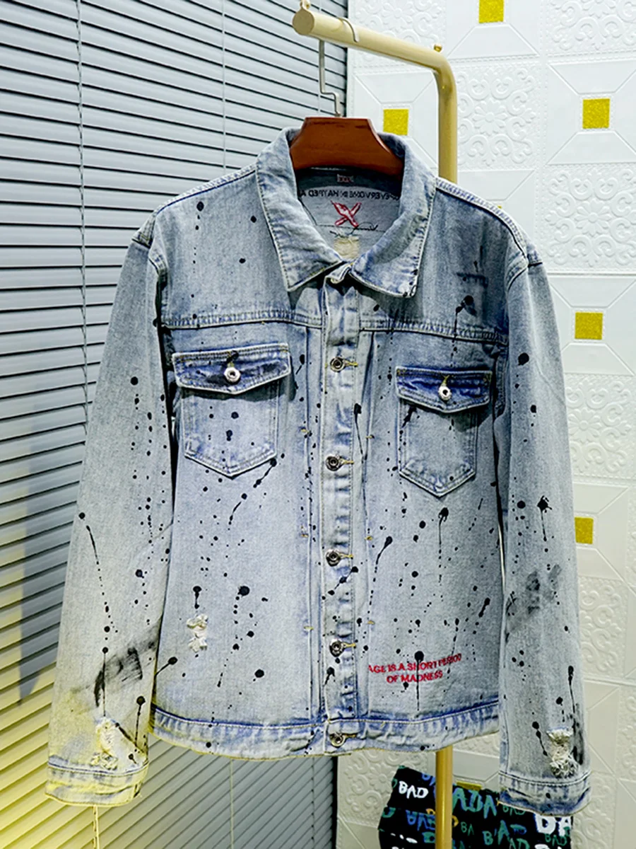 Sli Men's Denim Jaet مع رأس النمر والجمجمة التطريز طباعة ريترو Splaed طلاء حبر نقطة M ملابس خارجية