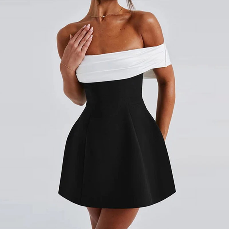 Elegante cor bloqueada slash colarinho vestido de noite moda cintura alta mini vestidos temperamento fino grande arco banquete vestidos curtos