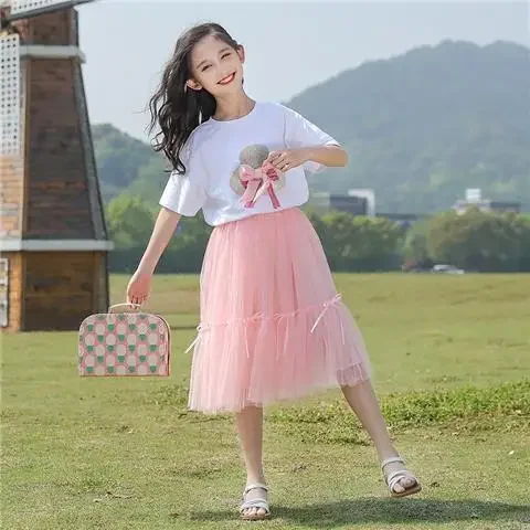 2025 مجموعة ملابس لطيف للأطفال الأطفال 6 8 10 12 سنة تي شيرت + تنورة شاش 2 قطعة ملابس للفتيات الصيف الفتيات ملابس رسمية