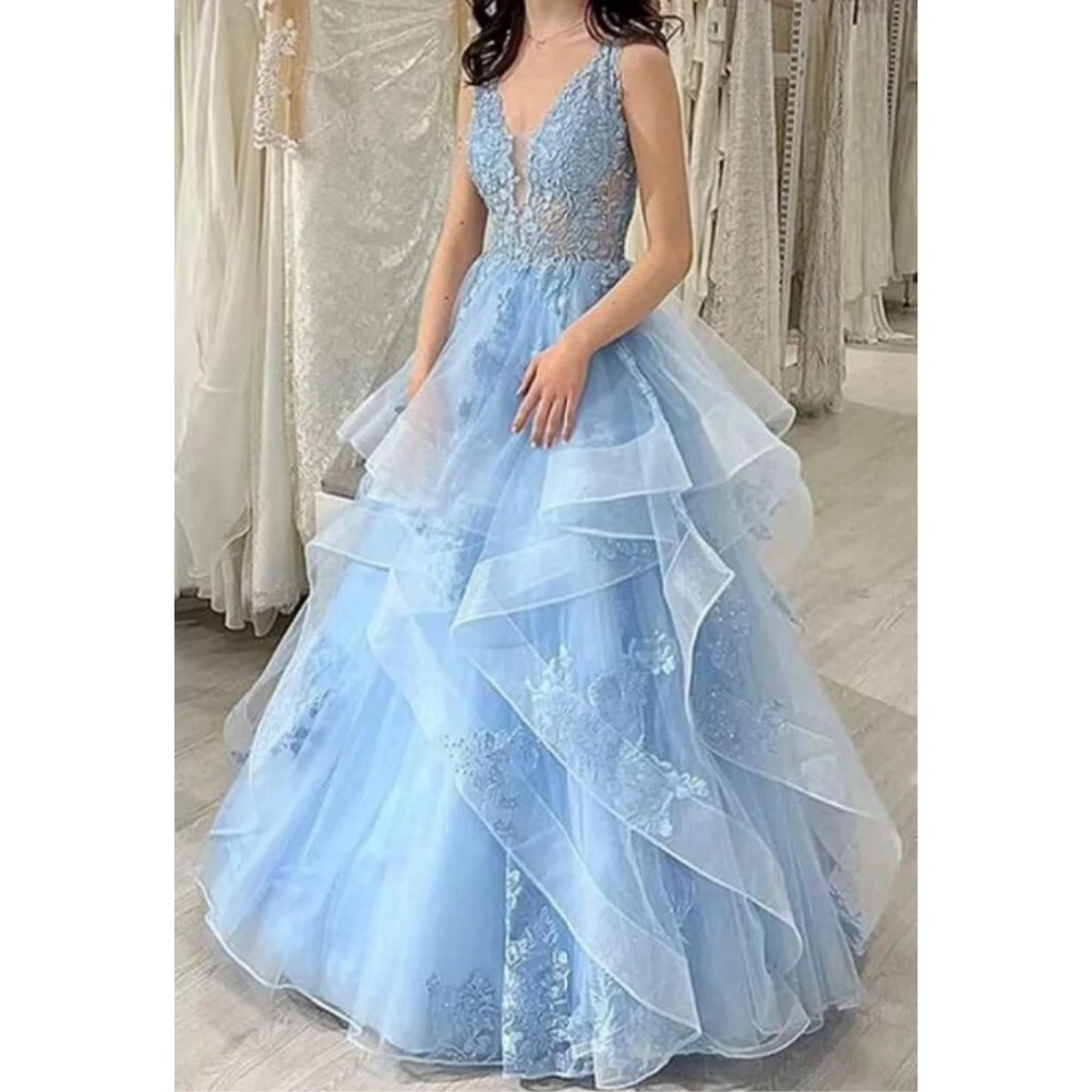 

Puffy Tulle Appliques Prom Dresses Lace Ball Gown for Teens V Neck Formal Evening Dress A Line Long Party Princess Gowns