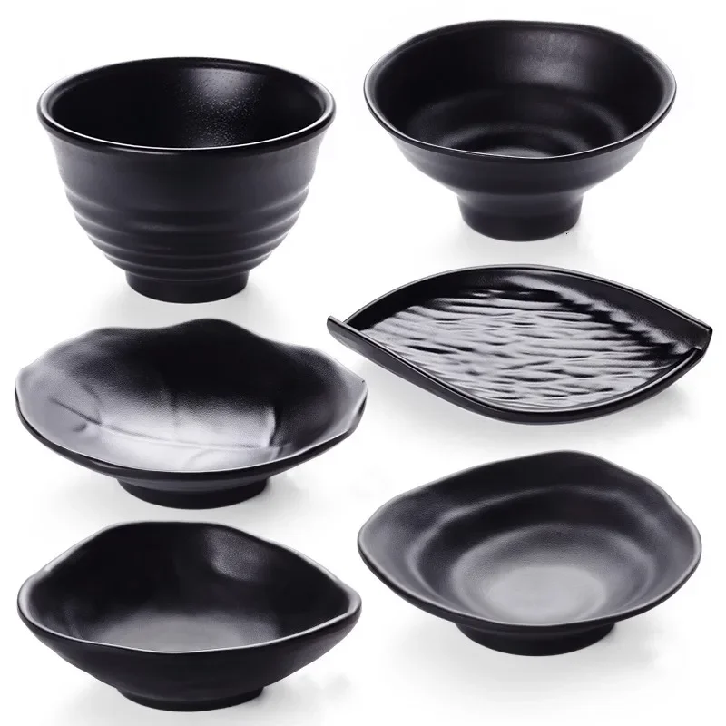 Black Frosted Plastic bowls Melamine Tableware Restaurant Sauce Bowl Creative Handle Bowl Irregular Tableware Snack Plate