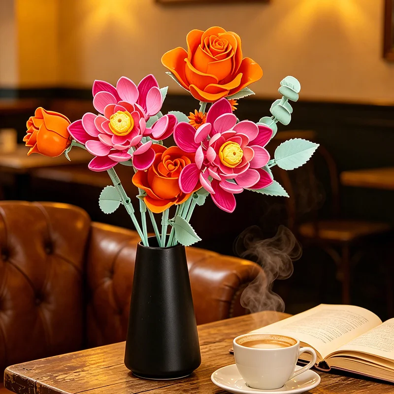 Buquê de Flores de Blocos de Montar Mistos de Rosa e Lótus, Arranjo de Flores Artificiais Eternas, Decoração de Mesa de Alto Padrão, Ornamento para Decoração de Mesa de Escritório, Ornamento de Decoração de Natal