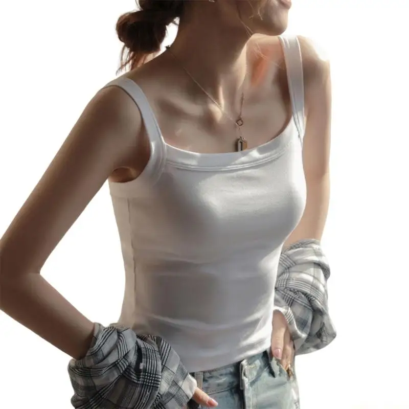 31BF Summer Women Sexy Casual Crop Top Ribbed Square-Neck Sexy Anti-exposure for Tank-Vest Fashion Streetwear for Women