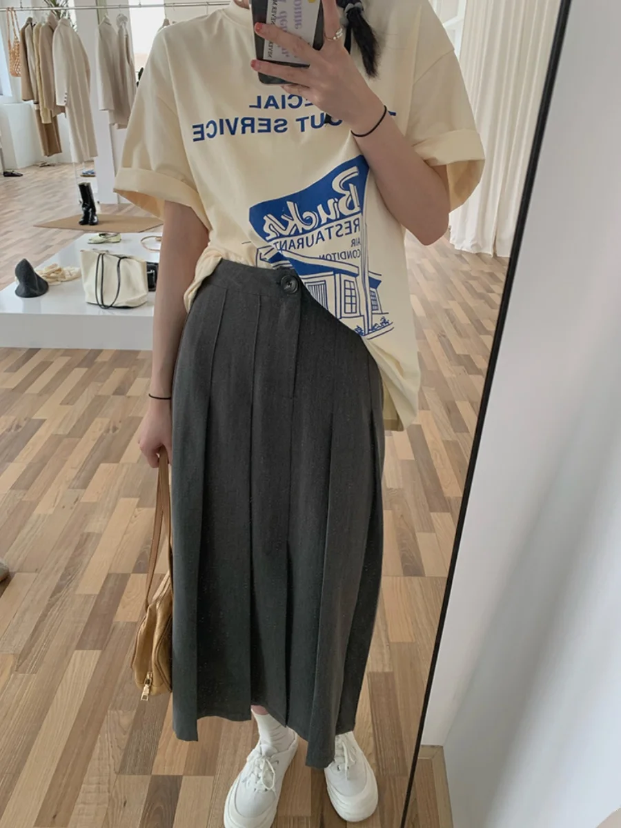 

plus Size Grey Pleated Midi Skirt Summer High Waist Slimming A-Line Long Skirt Hip Concealing Draping Korean Style Commute Wind