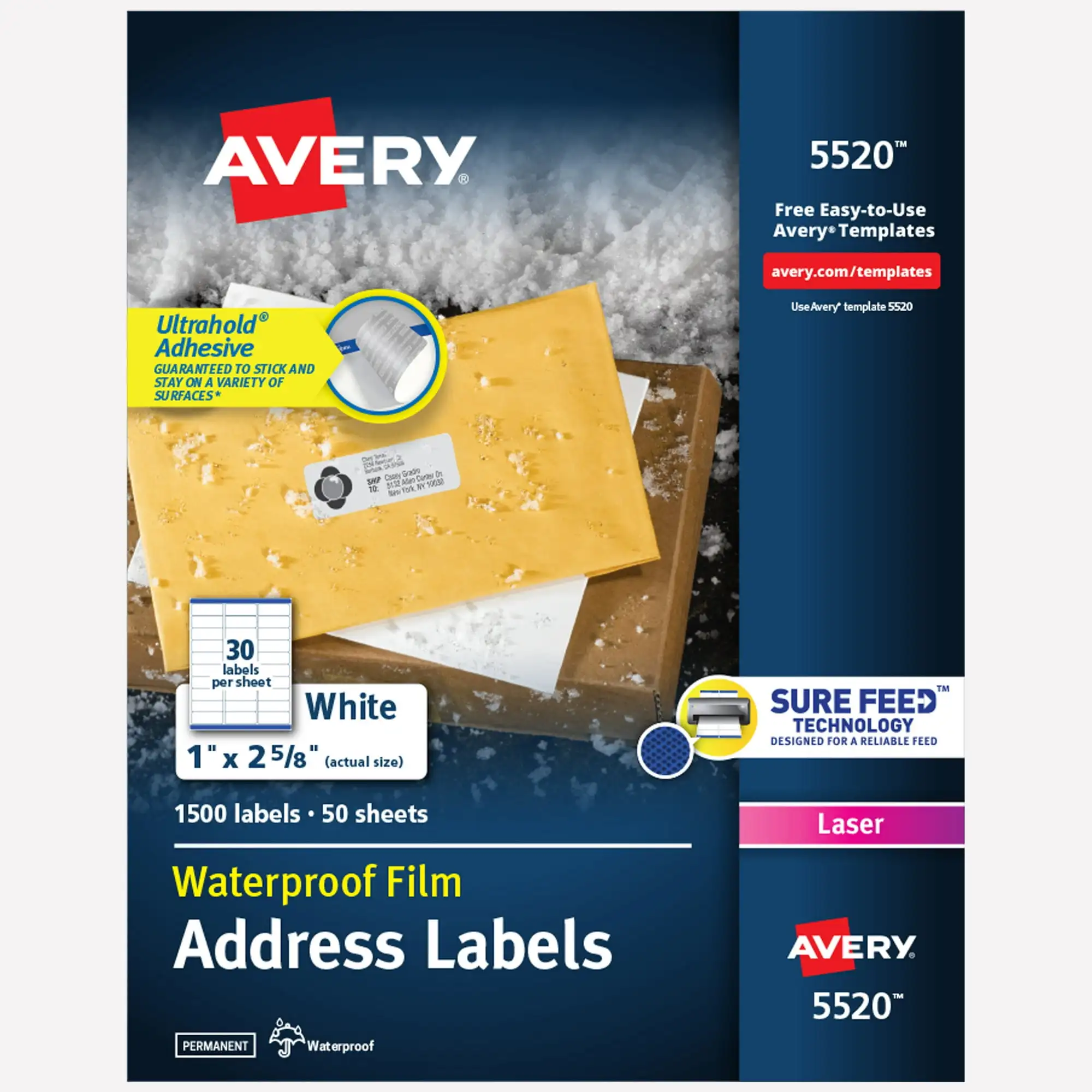 

Водонепроницаемые адресные этикетки Avery, 1 x 2-5/8 дюйма, 1500 этикеток (5520)