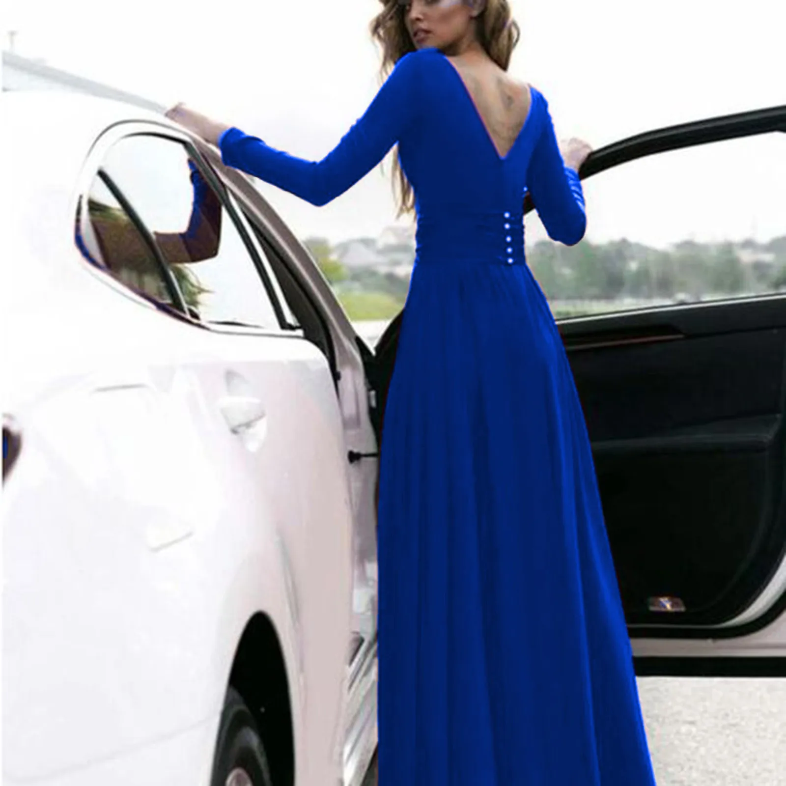 Fashion Women\'s Elegant Solid Color Banquet Evening Dress Spring And Autumn Sexy Deep V-Neck Stitching Slit Irregular Long Dress