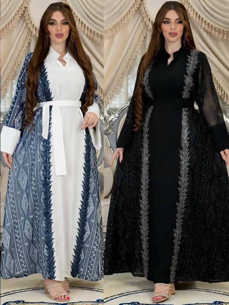 Dubai Arab Muslim Party Dress for Women Abaya Lace-up Embroidery Stand Collar Elegant Robe Longue Jalabiya Vestidos Mujer 2023