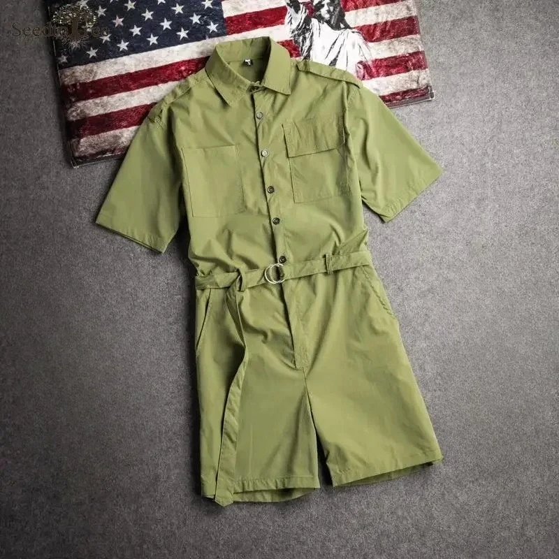 

Summer Solid Casual Men's Jumpsuit Safari Style Men's Sets Single Breasted Lapel Short Sleeved Lace Up Shorts