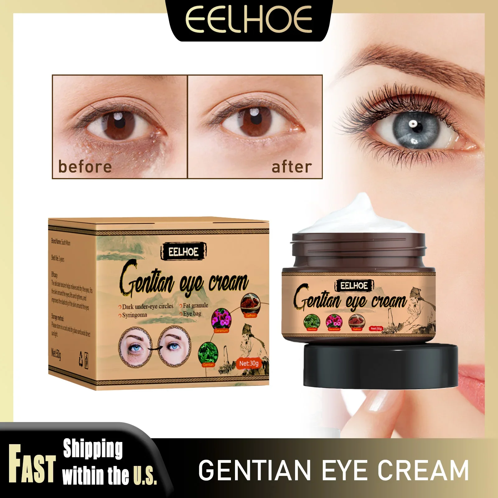 EELHOE 30g Gentian Eye Cream Nourishes Improve Eye Bags Remove Dark Circles Against Puffiness Firming Eye Area Skin Care Essence