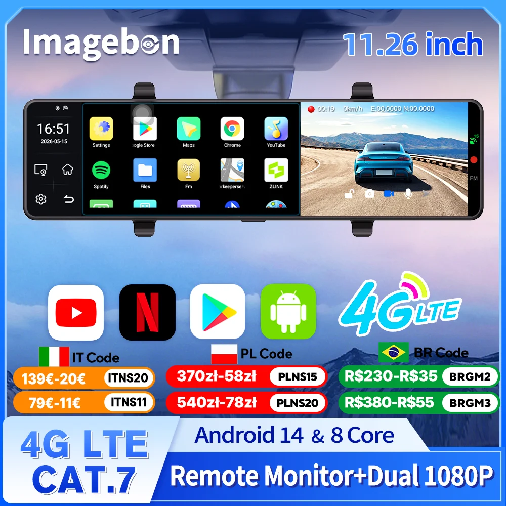 Imagebon 11,26'' M11 4G LTE Rückspiegelkamera Android 14 Kabelloses CarPlay & Android Auto YouTube Parküberwachung GPS Dashcam