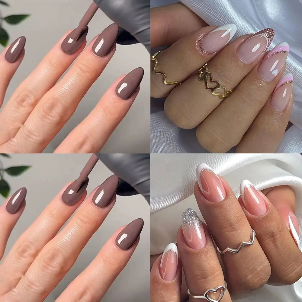 Manicure Short Almond False Nails French Simple Press on Nails Detachable Silver White Edge Fake Nials Women