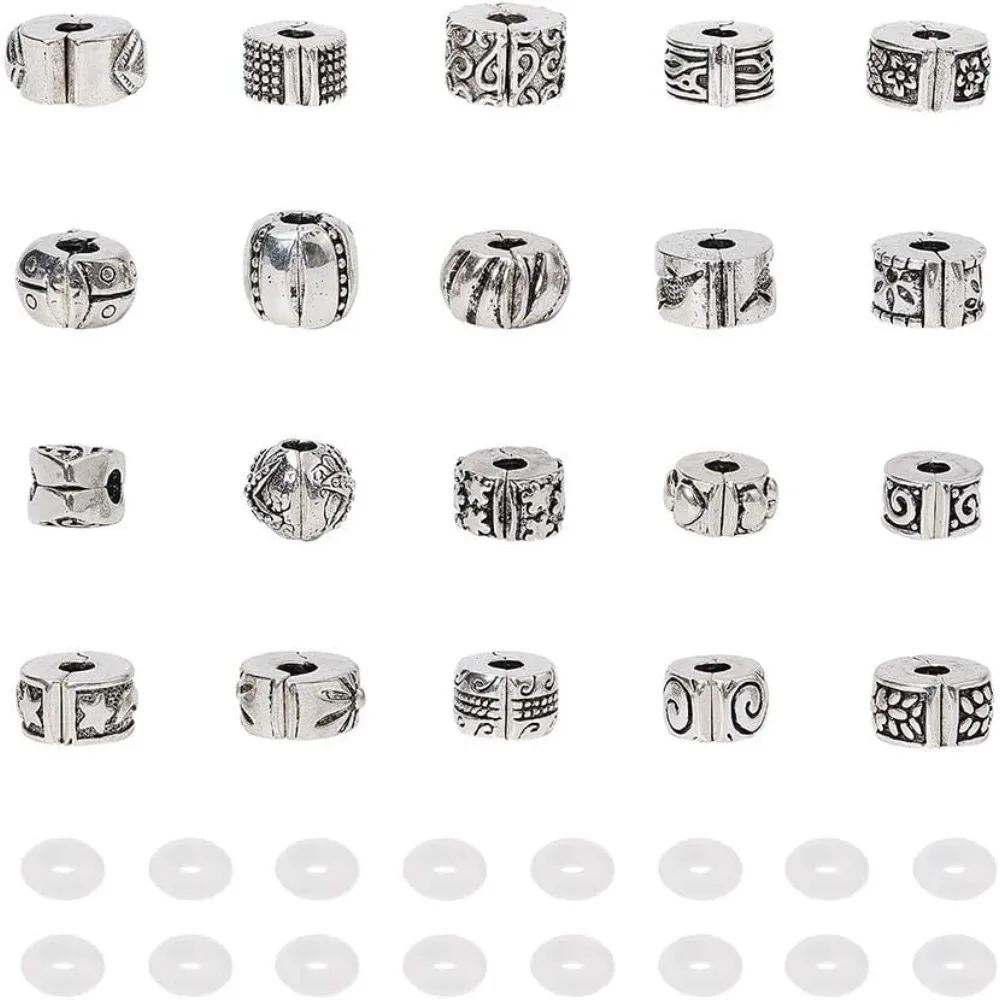 20 Styles Alloy European Beads Dangle Pendant Charms Metal Spacer Beads with 20 pcs Silicone O-Ring Stoppers Fit Snake Style