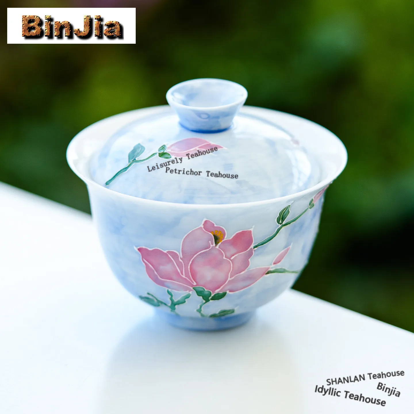 115ml Hand Painted Mist Blue Magnolia Flower Gaiwan Boutique Tea Tureen Tea Bowl With Lid Kit Tea Maker Cover Bowl For Tea Gift