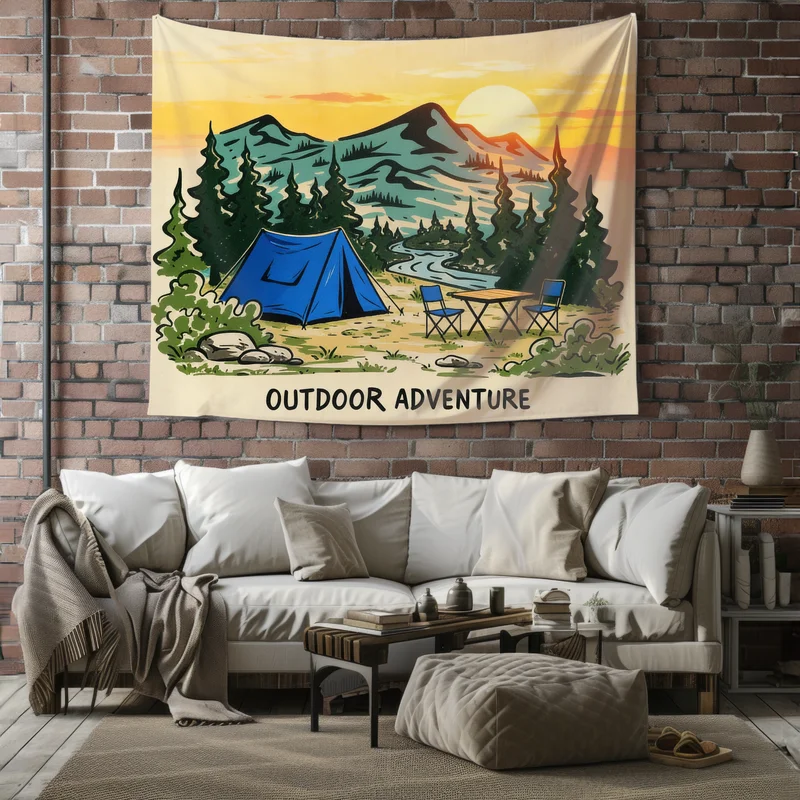 VIKAMA Outdoor Adventure Camping Tapestry, Sunset Mountain River Pine Tree Blue Tent Cartoon Wall Hanging Decor