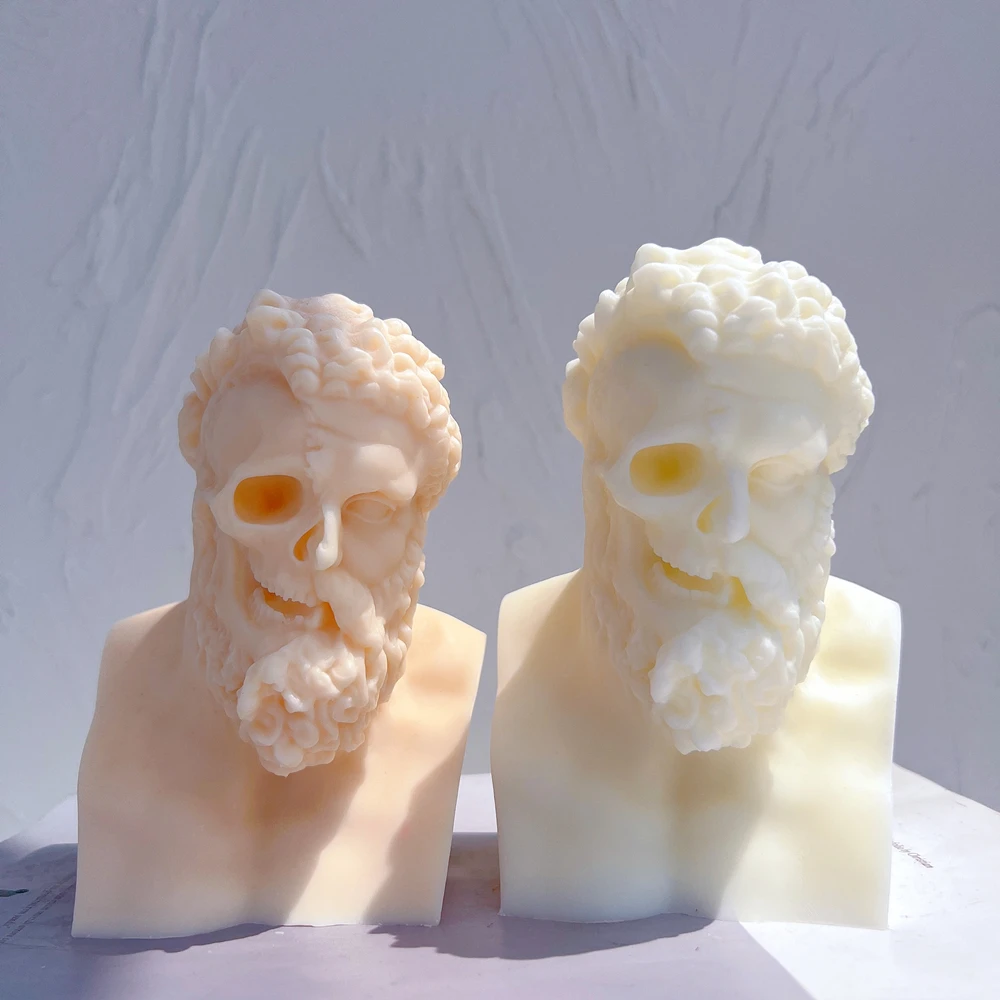 Man Bust Statue Silicone Mold Unique Half Skull Sculpture Soy Wax Candle Mould Greek Mythology Home Decor