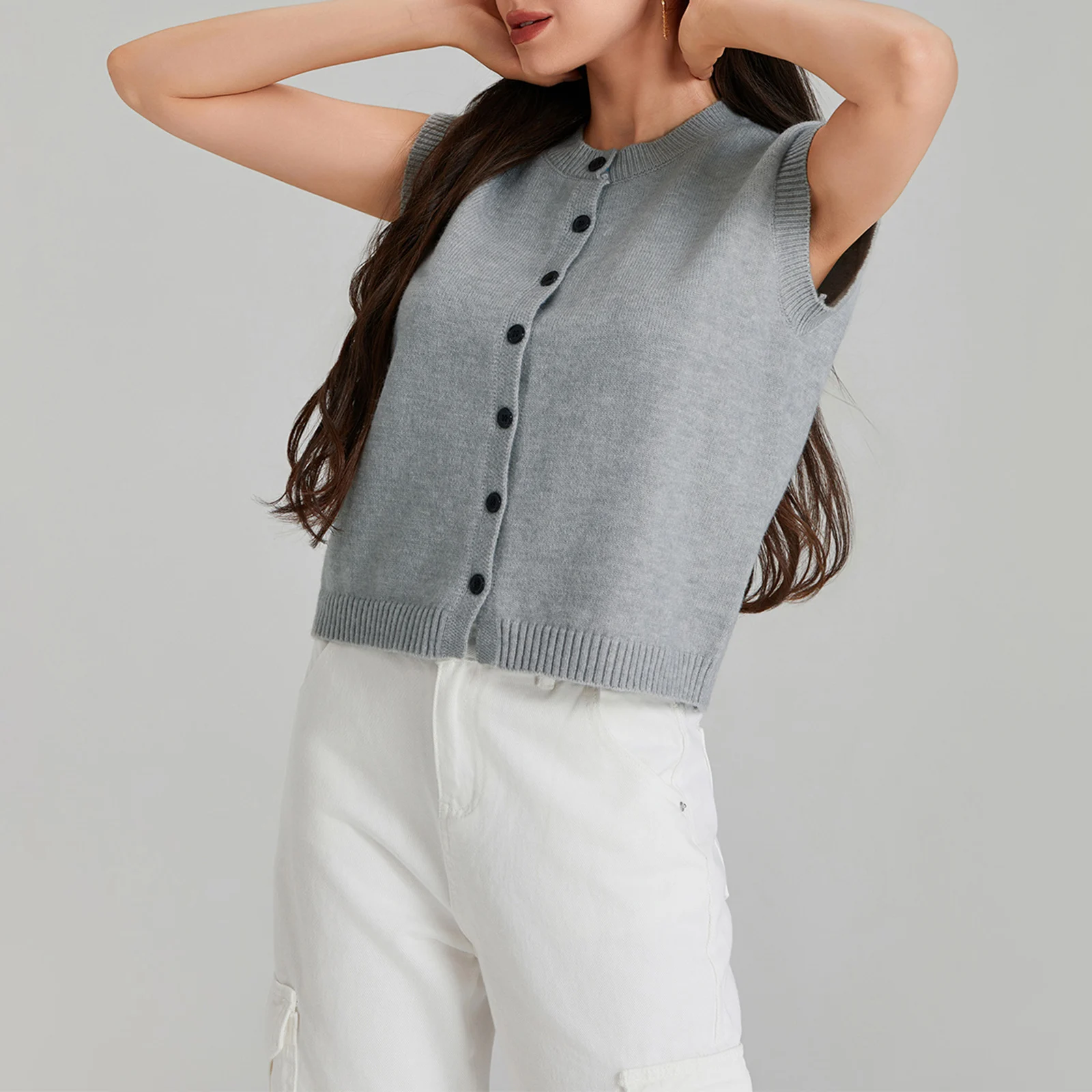 Womens Fashion Vintage Sweater Vests Button Front Knit Vest Ribbed Tank Tops Streetwear