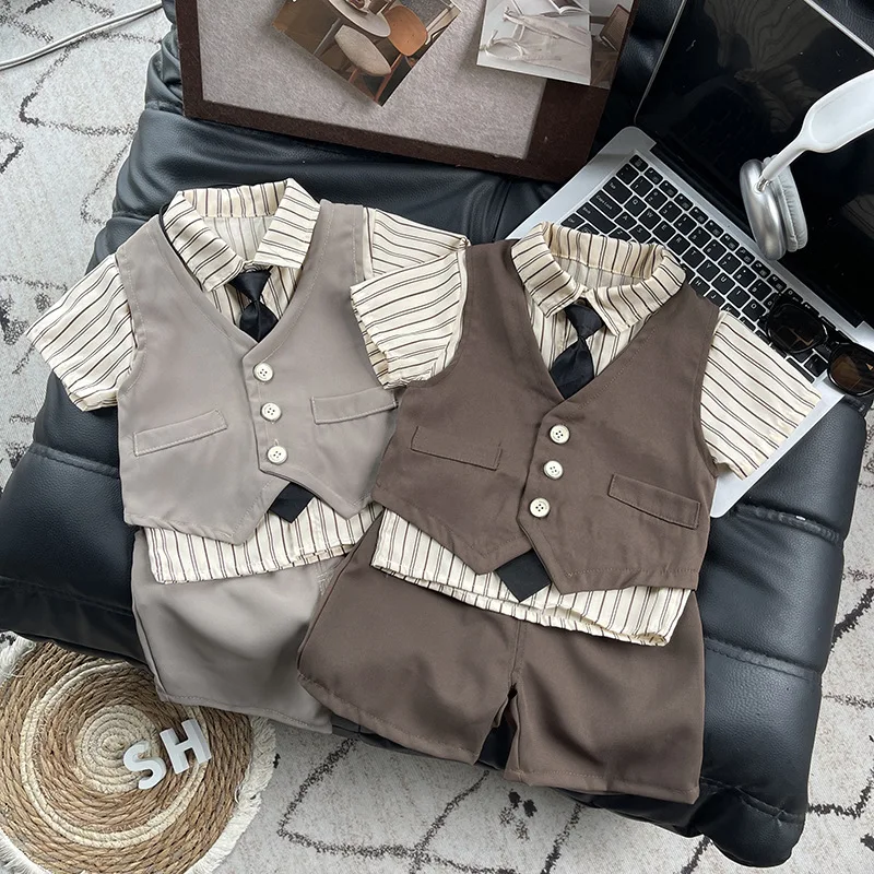 2026 Summer Baby Boys Clothes Set Striped Tie Tee Vest Abd Shorts 3Pcs Boys Track Suit Kids Outfit