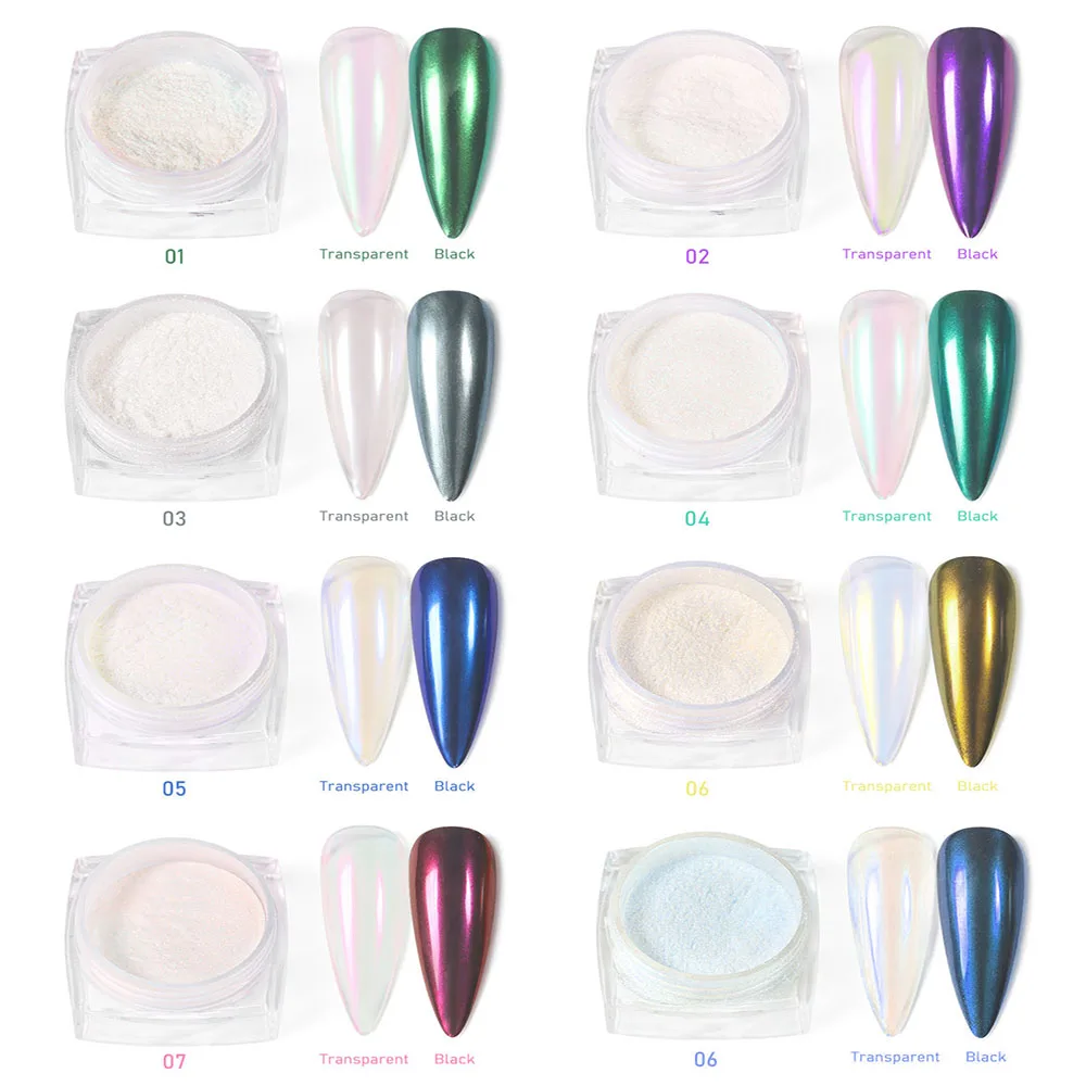 0.3g * 12 frascos de pó aurora branco para unhas, brilho, efeito espelhado, pigmento de pérola cromado, poeira para esmalte em gel uv, manicure, pó de luar