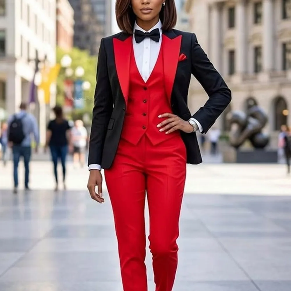 Black And Red Formal Business Women Suit Wedding Party Prom Ladies Mother Girl Tuxedos Costume 3 Piece Set Blazer Vest Pant
