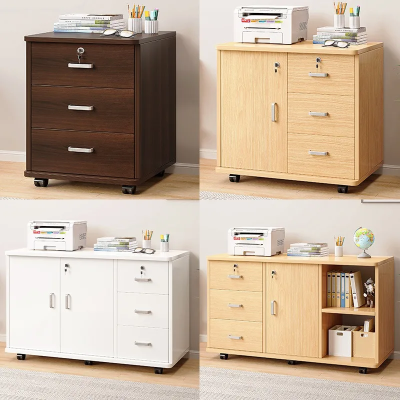 Modern Simple Office Desk Side Storage Rack Lockable Drawer Printer Stand Wooden Material Multi-layer Display Shelf Organizer