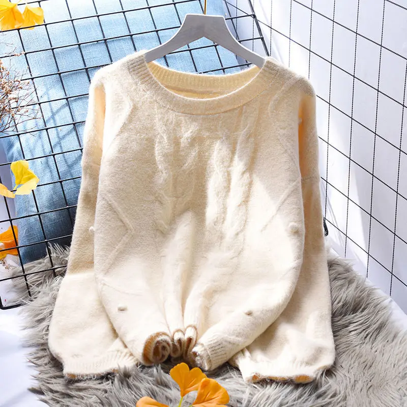 DAYIFUN Women Knitted Pullovers Ladyies Fashion O-neck Solid Long Sleeve Sweaters Tops Autumn Winter Female Thick Loose Jumpers