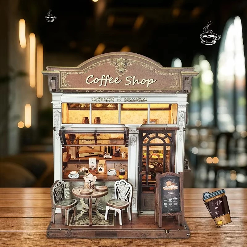 

Retro DIY Wooden Encounter Coffee Shop House Figurines Miniatures Kits With LED Lights Home Decoration For Adult Handmade Gifts