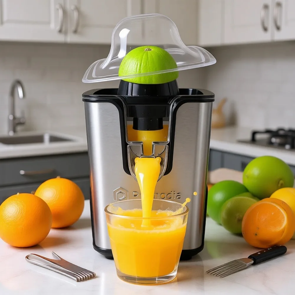 

Соковыжималка для цитрусовых из нержавеющей стали 40 Вт с регулируемым носиком против капель, двойными конусами и автоматическим реверсом для апельсинов, лимонов, лаймов, грейпфрутов