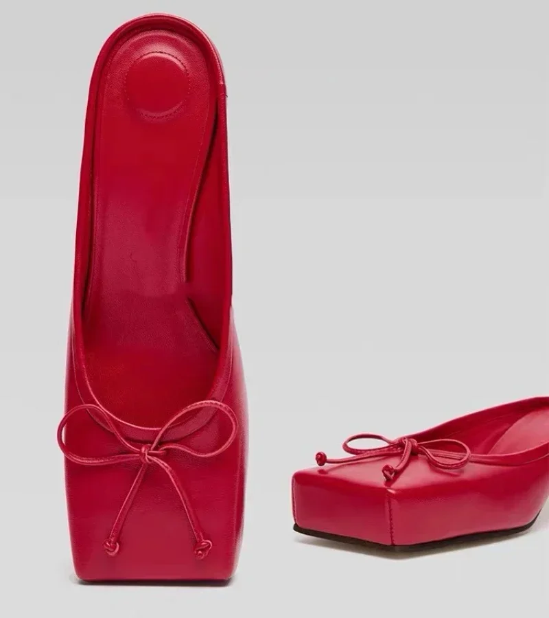 New Designer Mule Pumps Women Brand Square Toe Sandals Women Bow Sexy Party Dress Shoes Elegant Luxury High Heels Slippers Women