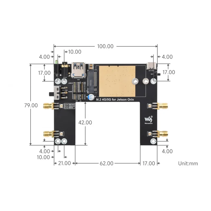 

SKU-32257 Waveshare 4G Module Expansion Board Designed For Jetson Orin, Includes SIM7600G-H-M.2 4G Module, Supports 4G / 3G / 2G