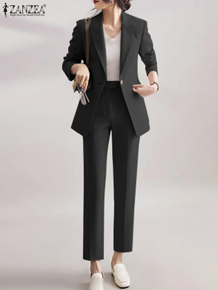 2PCS ZANZEA Elegant Women Autumn Fashion Lapel Neck Long Sleeve Blazer Suits Outifits Office OL Work Pants Sets Tracksuit