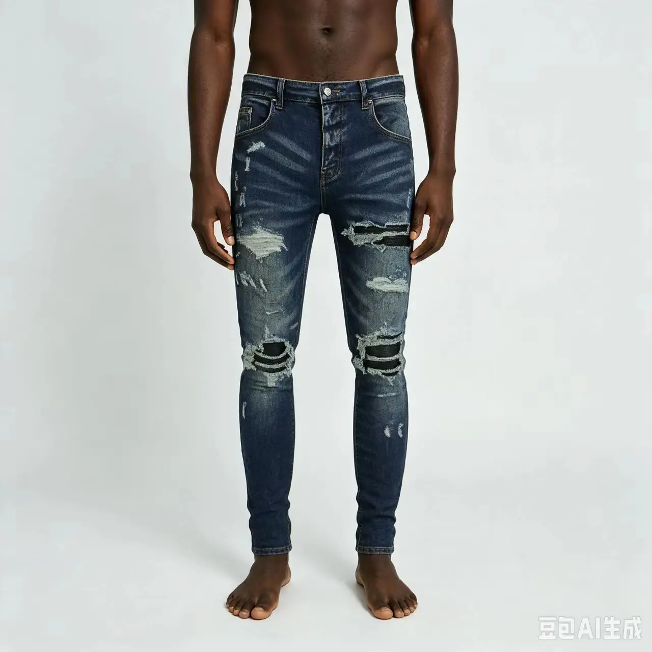 Men's Y2K Fashion Elastic Slim Fit Jeans Pleated Perforated Patches High Street Hip-Hop Washed Blue New