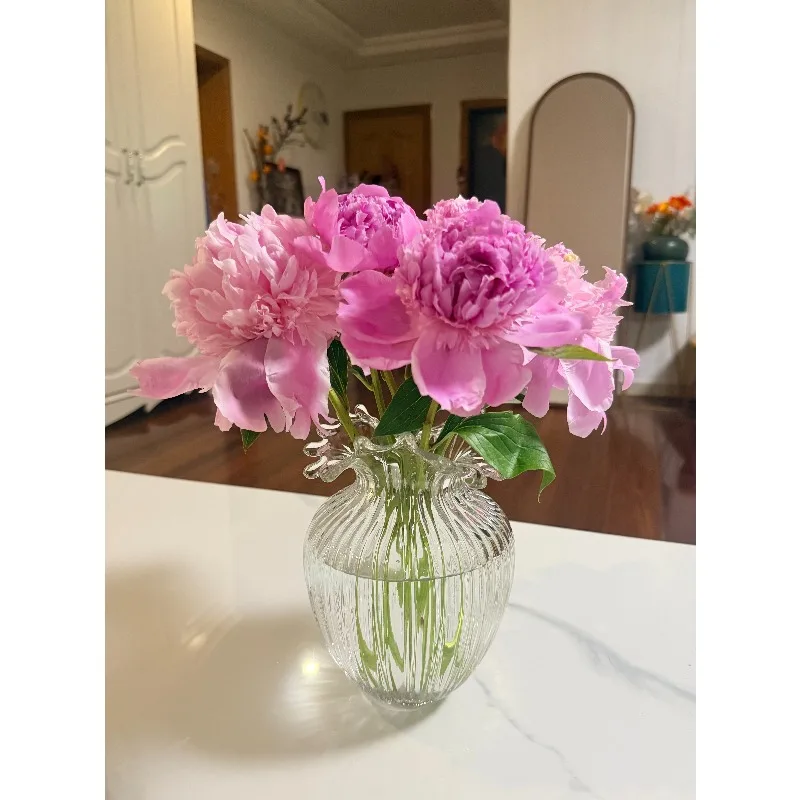 European light luxury wave mouth vase glass transparent ornament living room water flowers