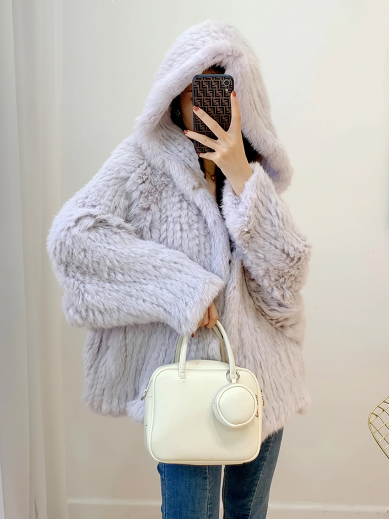 

2023 New Fashion Autumn Winter Women Real 100% Natural Rabbit Thick Fur Coat Fur Warm Jacket Loose Knited Quality Luxury Hooded