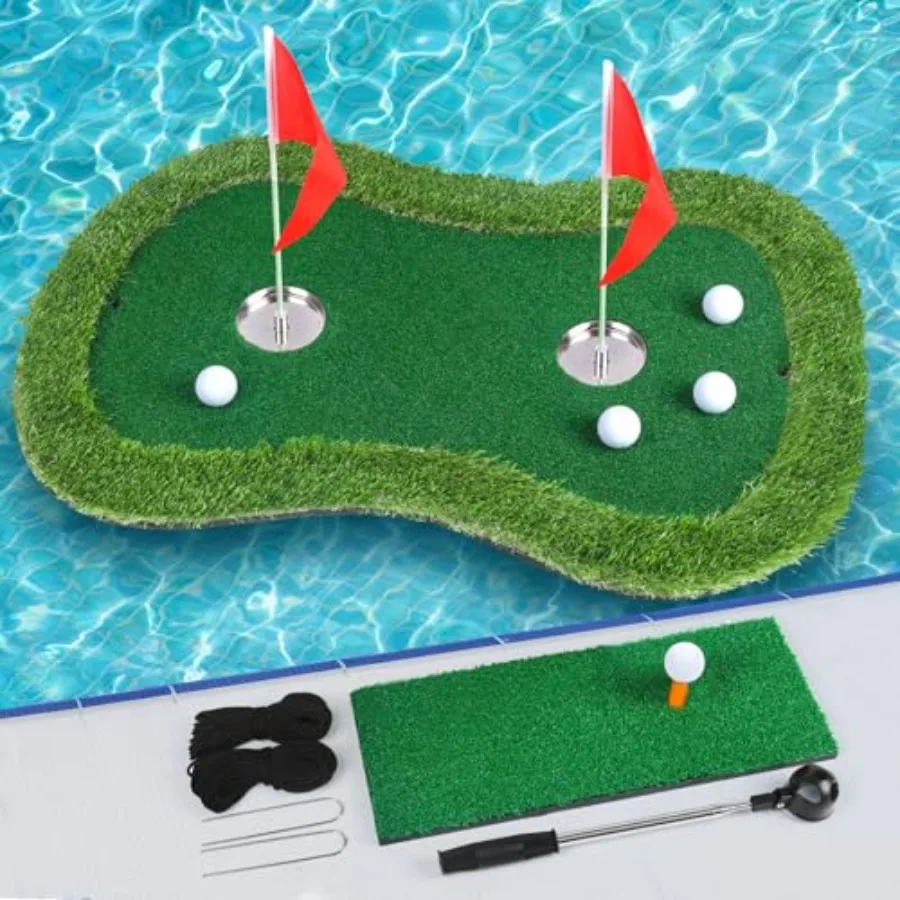 Green de Golf Flotante para Piscina/Lago con Tapete de Chipping, Recogepelotas y Cuerdas Antideriva - Set de Práctica de Putt Estable en Azul para Golf