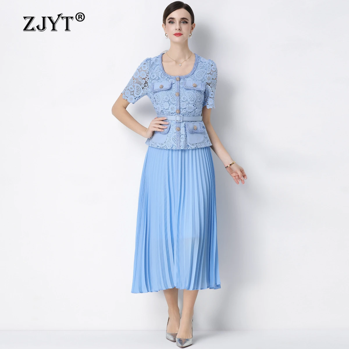 

Летние кружевные платья ZJYT для женщин: элегантные красные и синие платья миди с коротким рукавом, плиссированные, повседневные, для вечеринок, модная женская одежда 2026 года