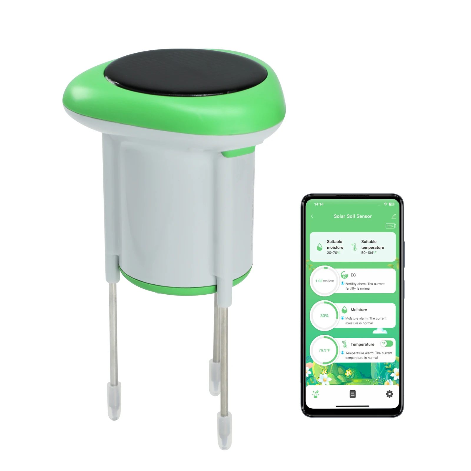 

Smart Solar Soil Sensor Wireless Conductivity, Moisture, Temperature APP Monitoring IP66 Waterproof