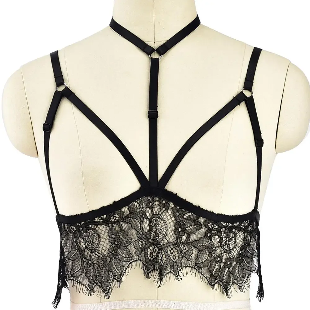 Women Fetish Black Lace Body Harness Bra Wear Cage Bra Open Chest Harness Harajuku Gothic Style Crop Top Bondage Lingerie