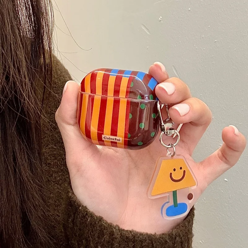 

Korean Cute Stripes Earphone Case For Apple Airpods 4 3 2 Pro 3 Protective Cover with Desk Lamp Pendant Silicone Headphone Cases
