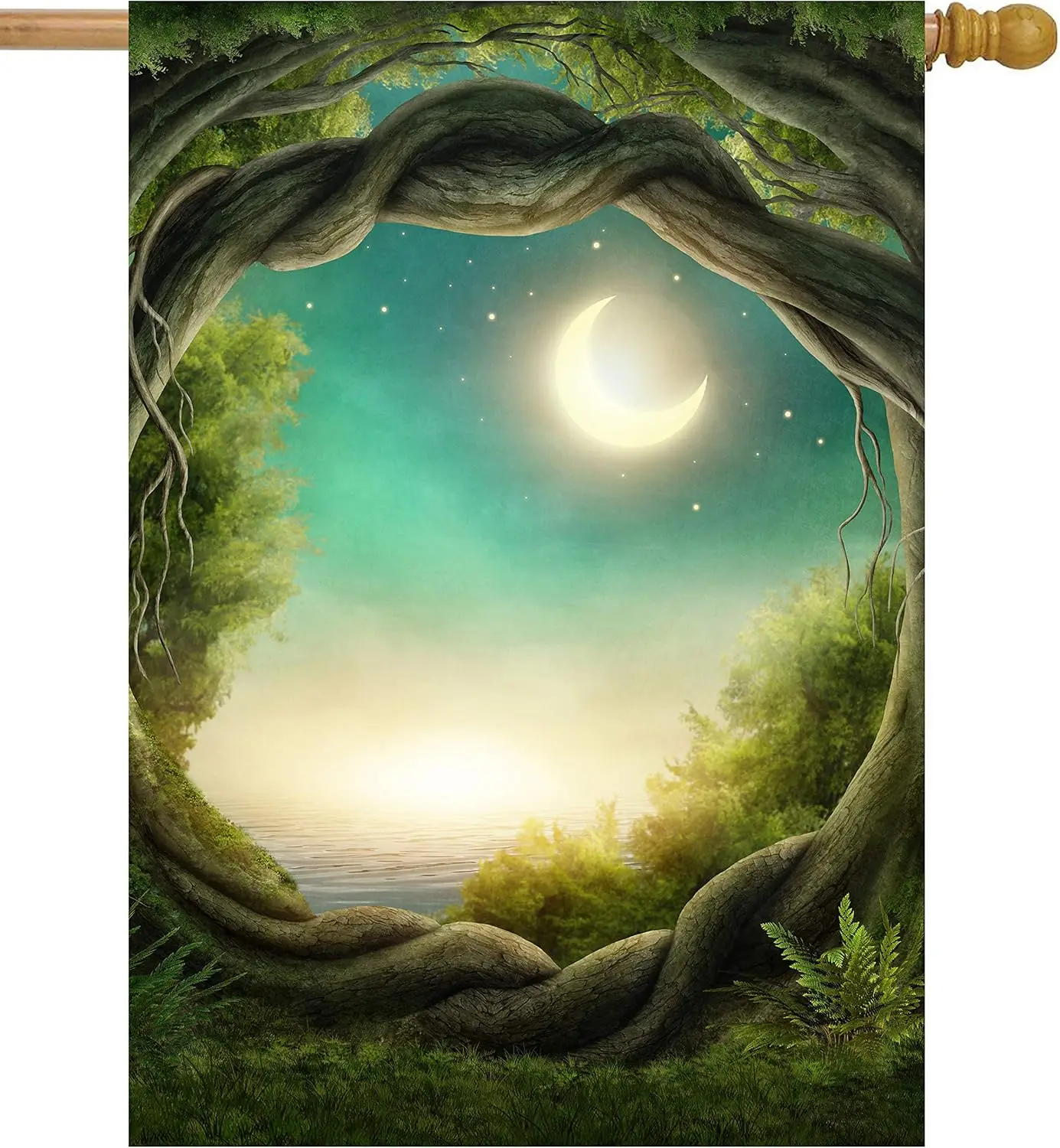 Magic Tree Forest in The Moonlight Fantastic Fairy Tales Moon House Flag 28 x 40 Double Sided, Polyester Welcome Yard Garden Fla