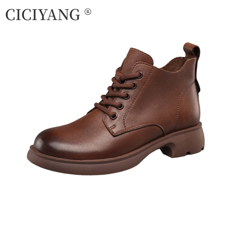 

CICIYANG British Style Ankle Boots Women Genuine Cowhide Leather 2024 Autumn New V-mouth Booties Lace-up Round Head Ladies Boots