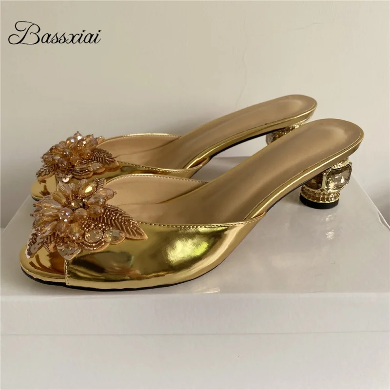 Beads Crystal Butterfly-Flower Sandals Women Concise Style Slingbacks 6cm Heel With Diamond Decor Summer Mules