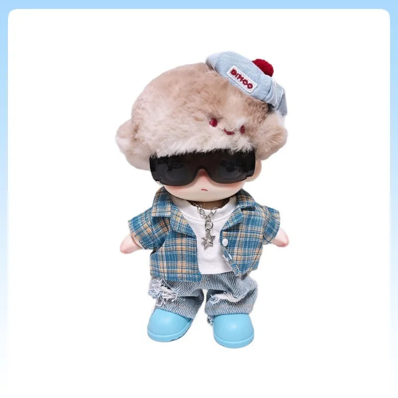 Für Dimoo Puppenkleidung, Sommer, blau kariertes Hemd, 6-teilig, modisches Trend-Einstellungs-Outfit, Baumwoll-Puppenkleidungszubehör