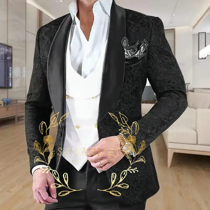 Formal Black Jacquard Paisley Men's 3-piece Suit Set Shawl Lapel Blazer White Vest Pants Groomsmen Wedding Party Suits for Men