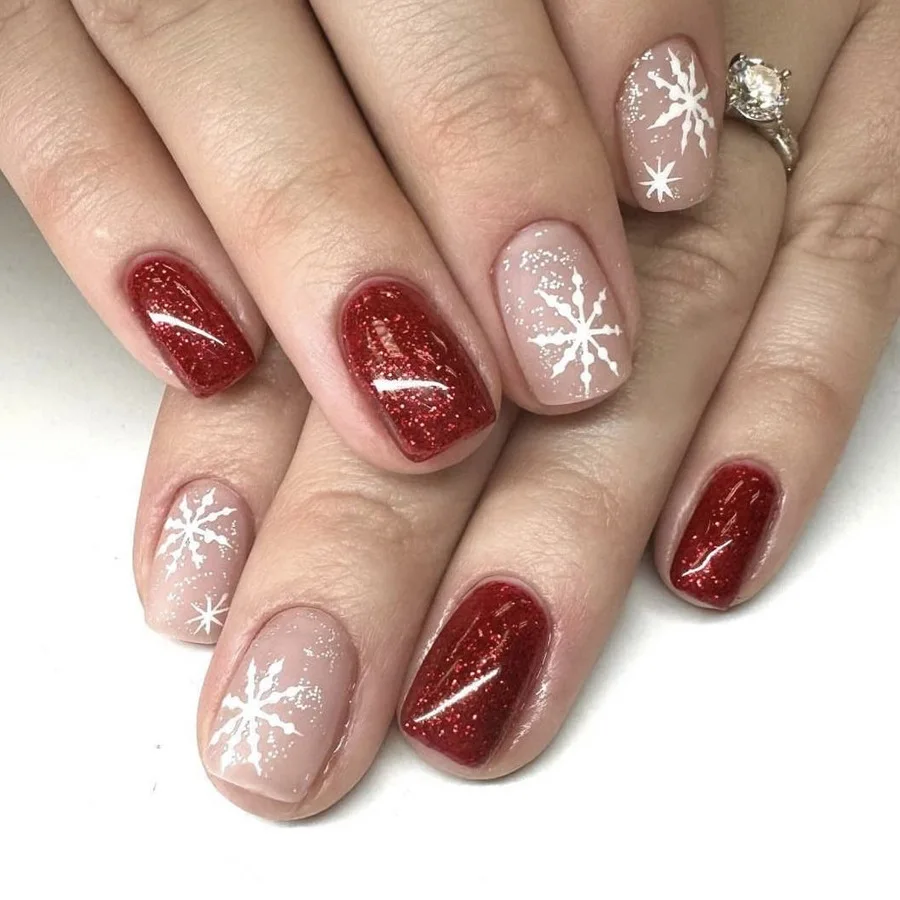 24 pièces poudre brillante couverture complète Nail Art français rouge court carré faux ongles flocon de neige de noël faux ongles réutilisable presse sur les ongles