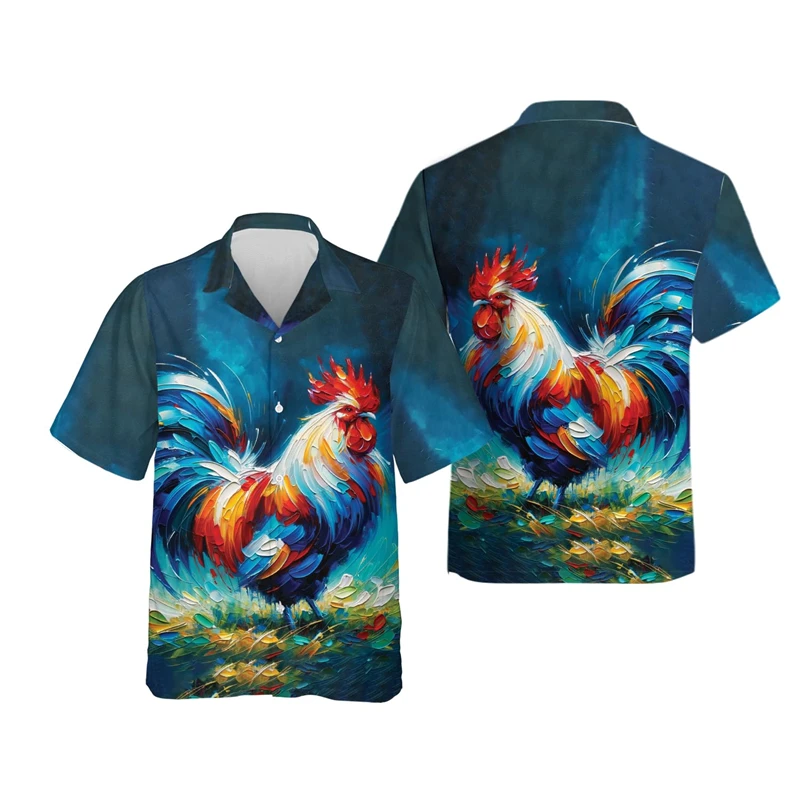 

Funny Cartoon Chicken Graphic Shirts For Men Clothes Casual Hawaiian Rooster Beach Shirt Aloha Button Clothing Eggs Short Sleeve