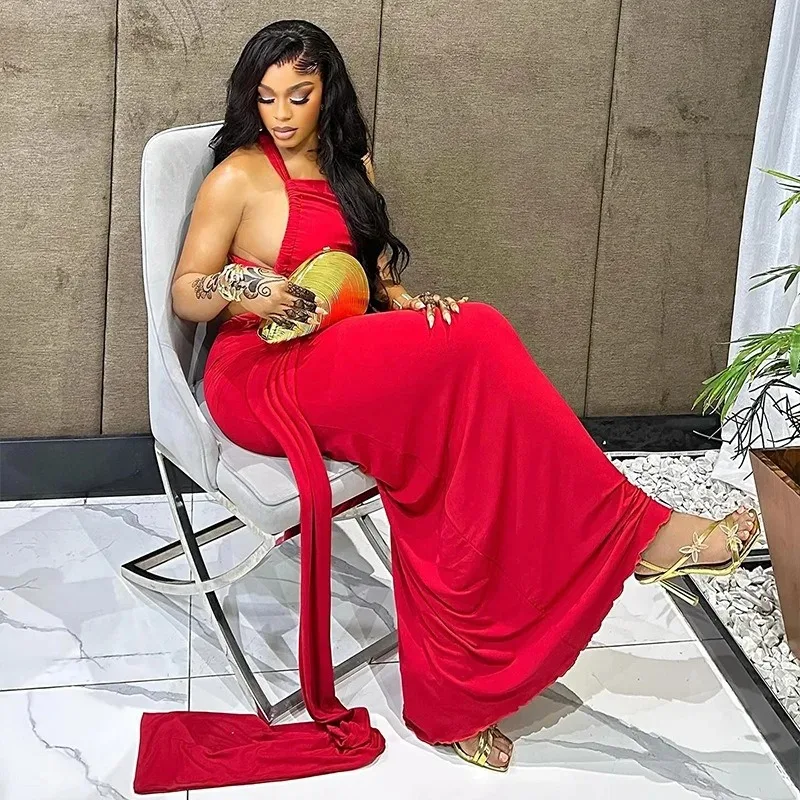 

Women's One-Shoulder Strapless Slash Neck Sleeveless Asymmetrical Tops & Hips Wrapped Long Skirt Ribbons Decoration, 2pcs Set
