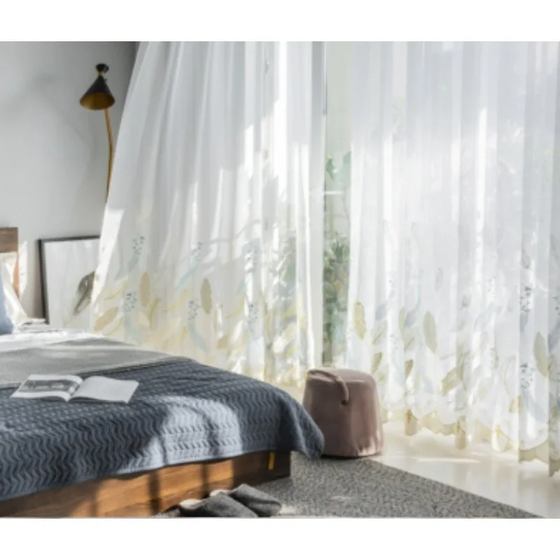 New Chinese Classic Embroidered Rice Colored Feather Embroidered Curtains Living Room Bedroom Balcony Blackout Curtains