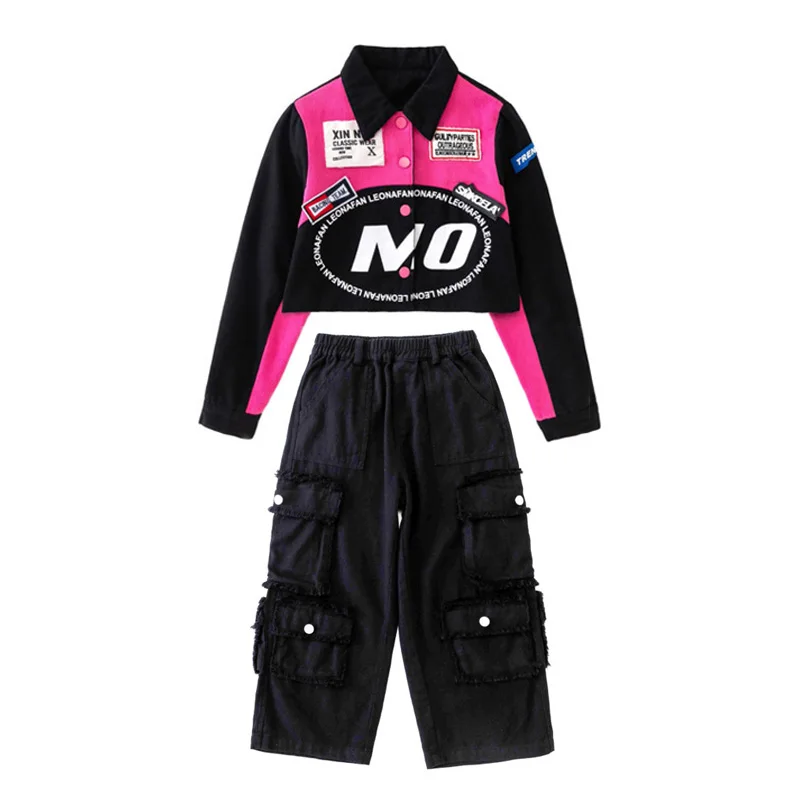 Abbigliamento Hip Hop per bambini Camicia da corsa corta rosa Crop Top Nero Streetwear Pantaloni cargo larghi per ragazze Abiti da ballo jazz