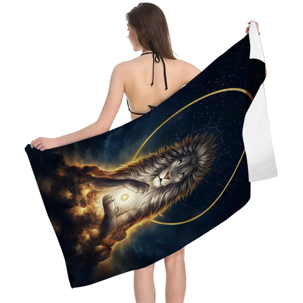 Women Men Beach Swimming Towels Tiger Lion Wolf Cartoon Animal Pattern Printing Folded Quick-Dry Soft Towels Home Decor Travel