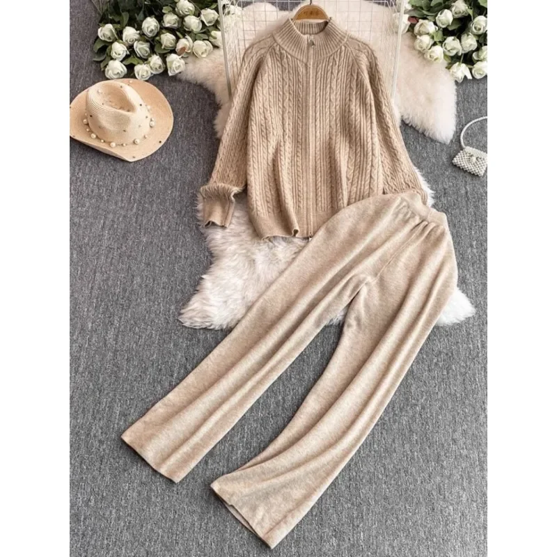 Fashion Pants Suit Women\'s Stand Collar Zipper Knitted Sweater Jacket Two-piece Set High Waist Slim Straight Leg Wide Leg Pants